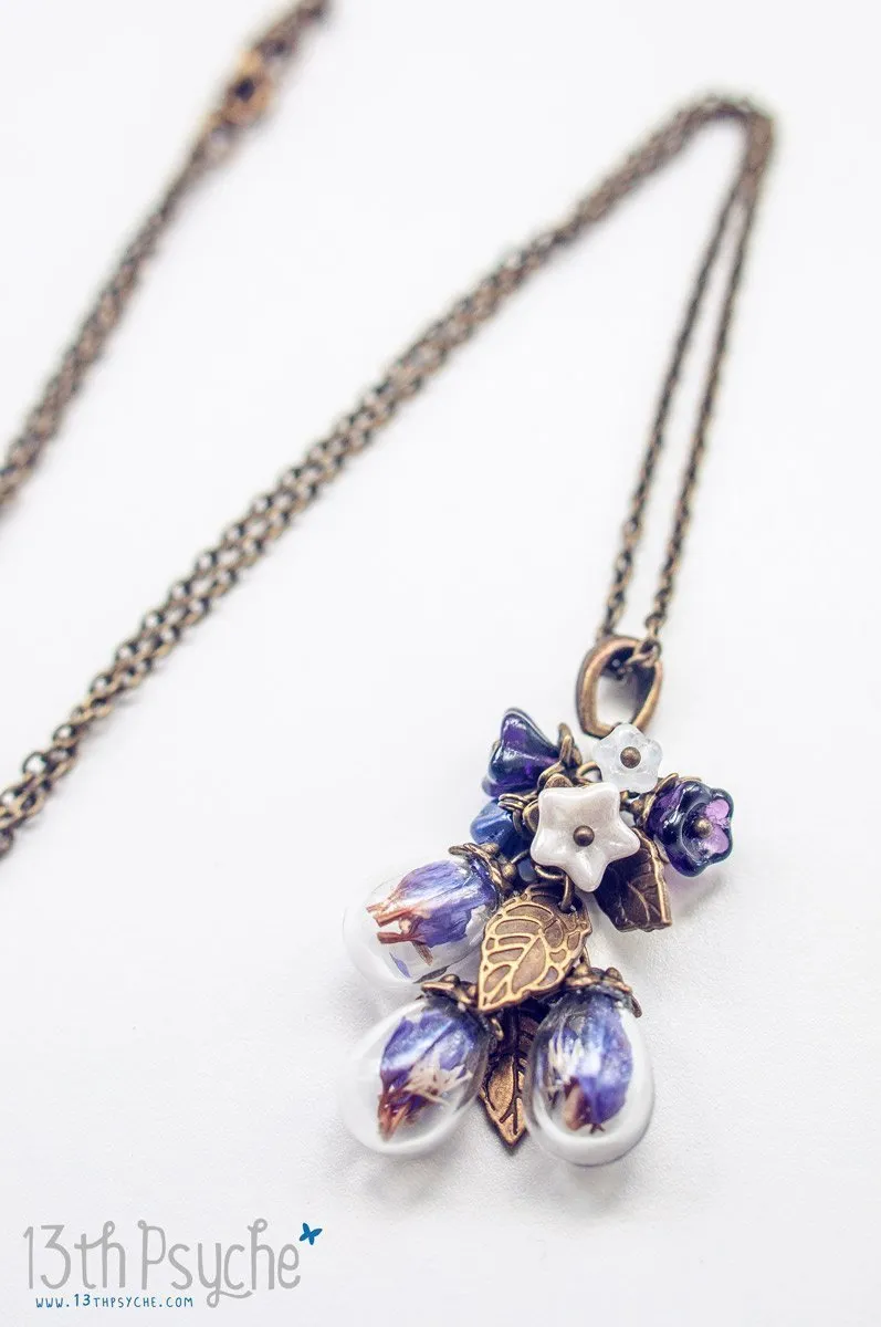 Real purple dried flowers orb bouquet necklace