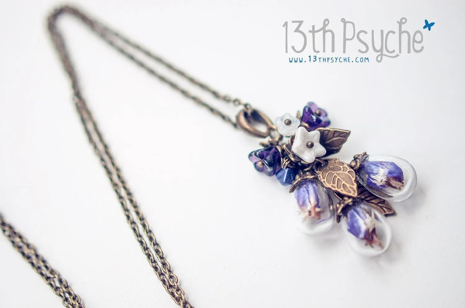 Real purple dried flowers orb bouquet necklace