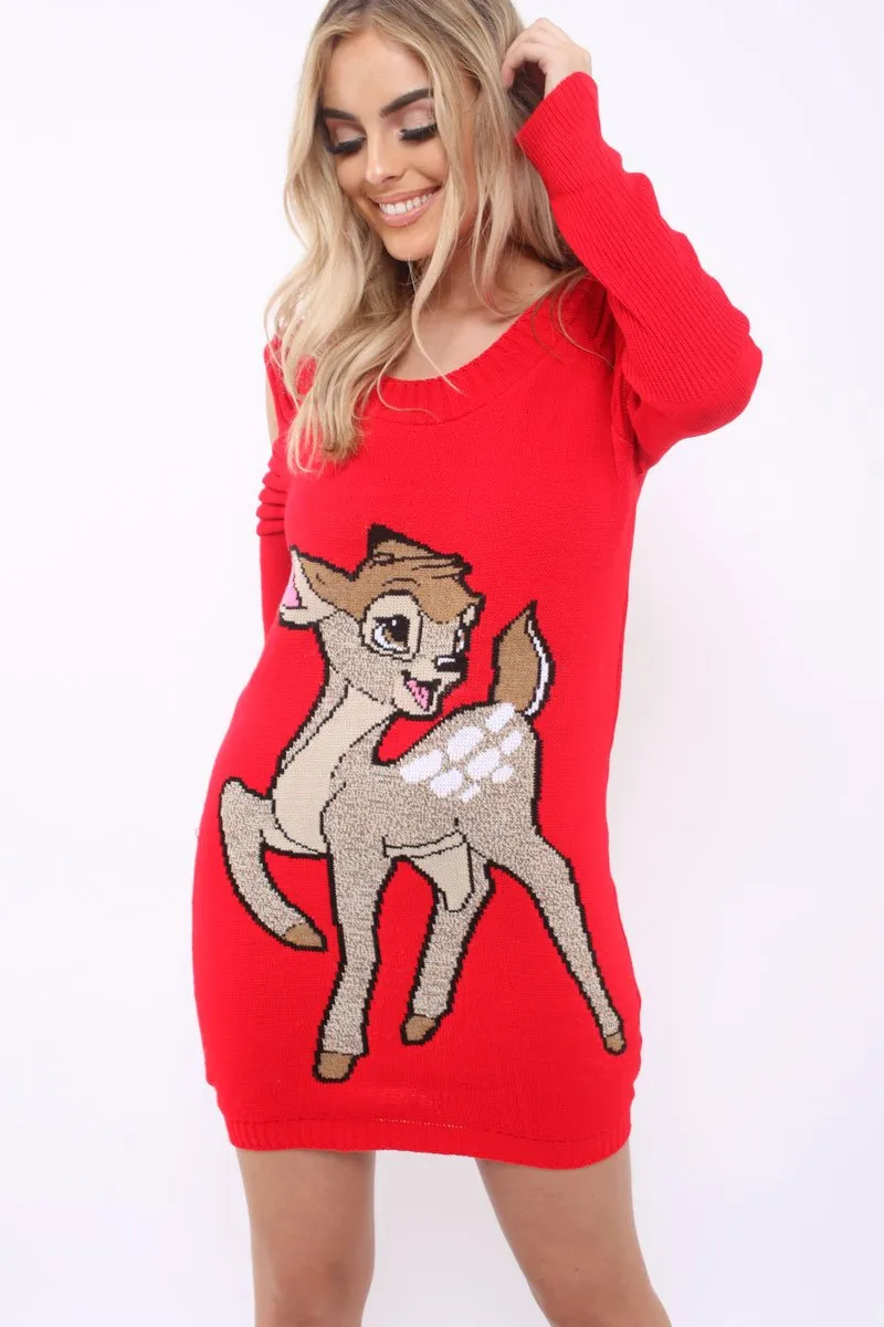 Red Festive Deer Cold Shouldered Jumper Dress - Catarina