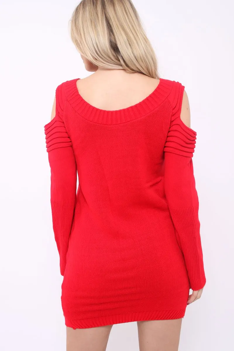 Red Festive Deer Cold Shouldered Jumper Dress - Catarina