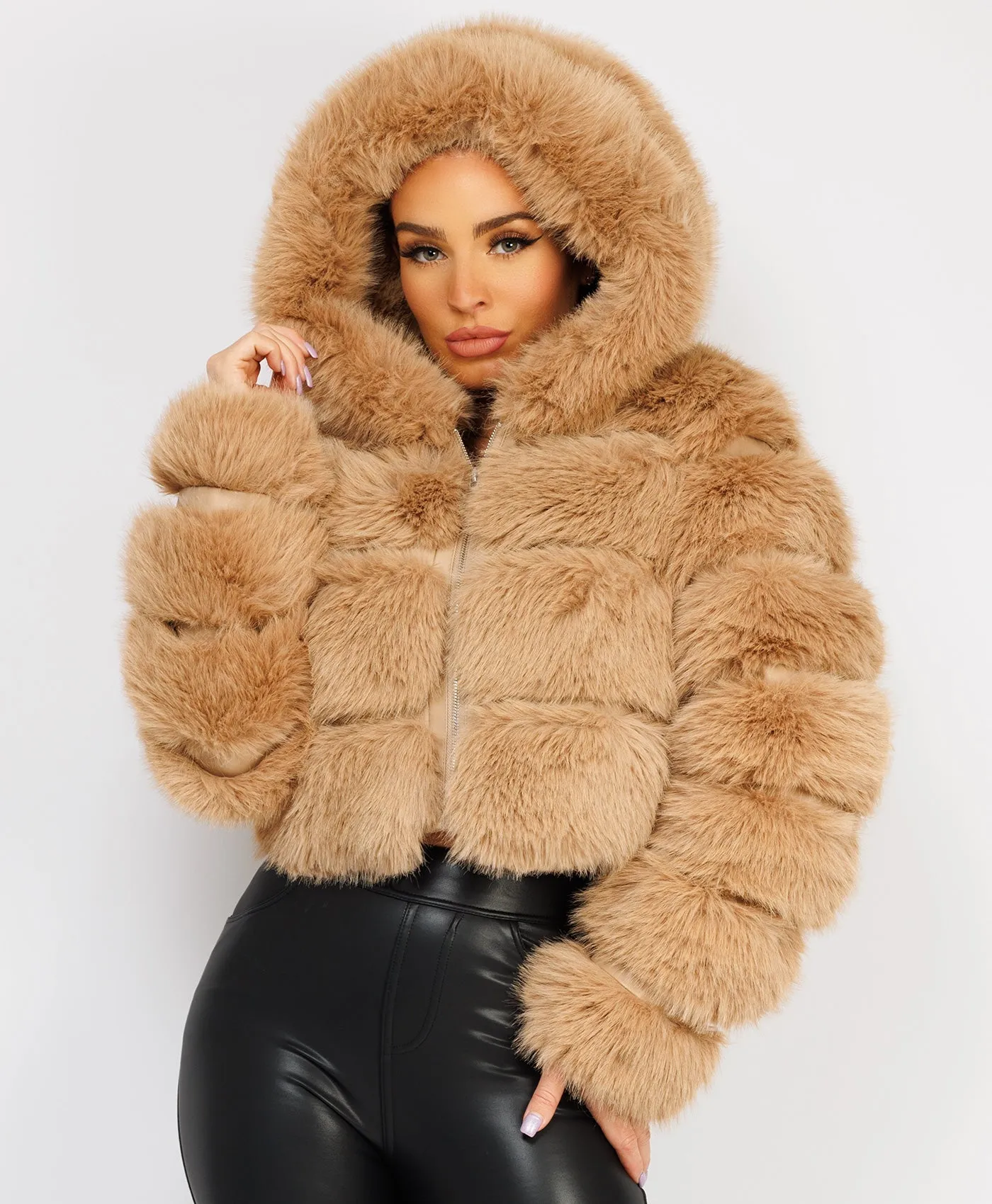 Sand Premium Hooded Faux Fur Tiered Coat Jacket