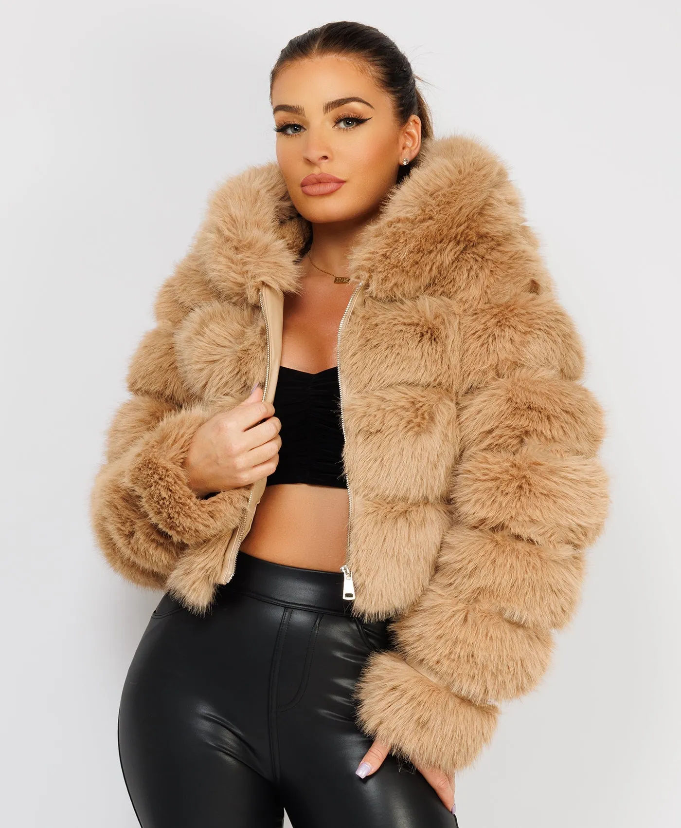 Sand Premium Hooded Faux Fur Tiered Coat Jacket