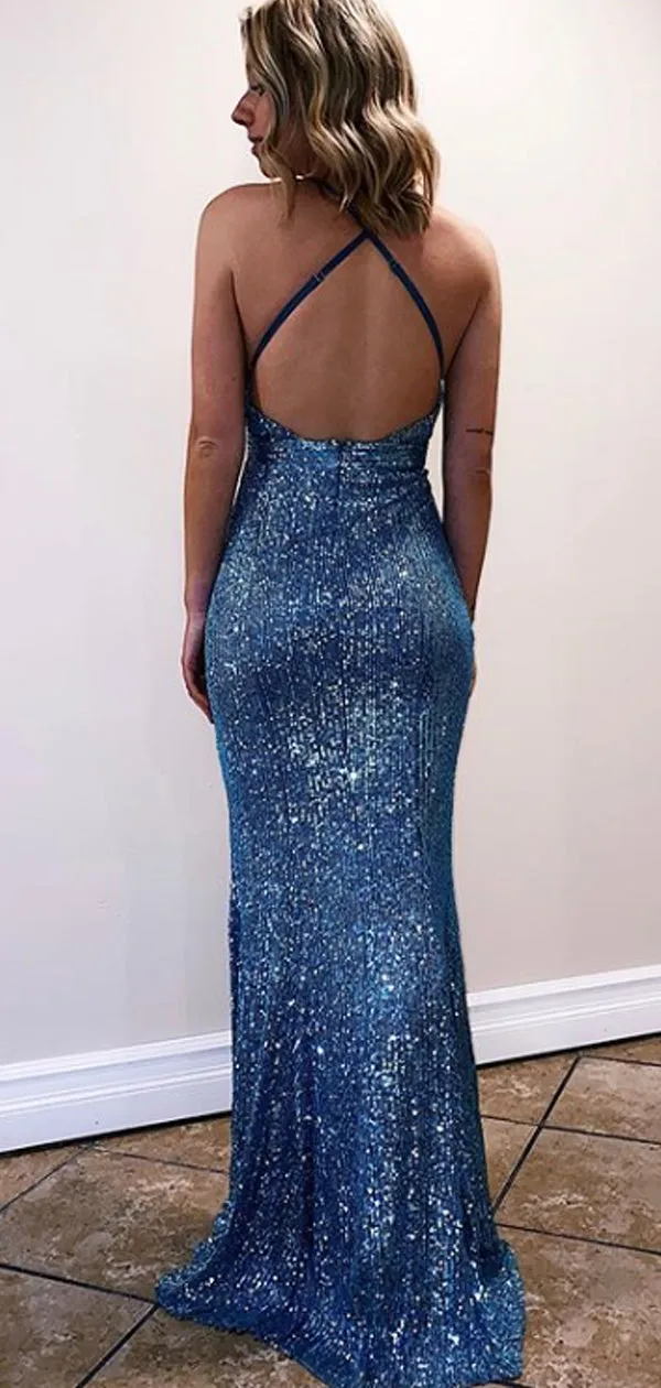 Sexy Sequin Mermaid Spaghetti Straps Long Backless Evening Party Formal Prom Dress,CB0001