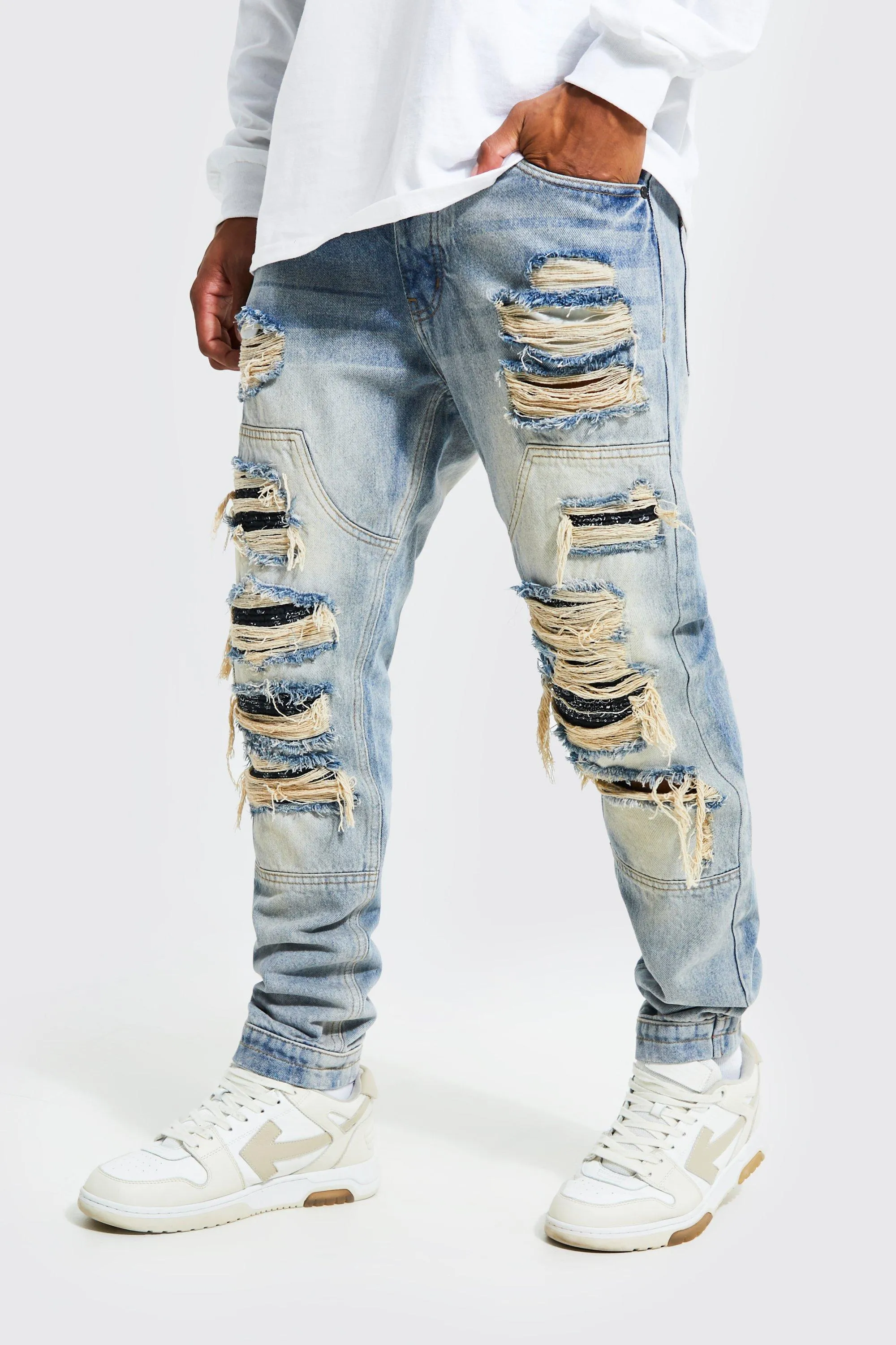 Slim Fit Panelled Rip And Repair Jeans | boohooMAN UK