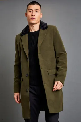 Smart Faux Fur Back Collar Overcoat | boohooMAN UK