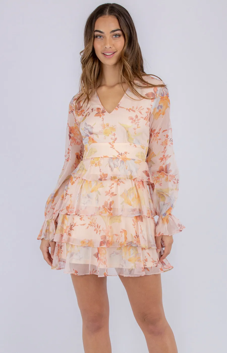 Soft Floral V Neckline Dress with Layered Hem (SDR818A)