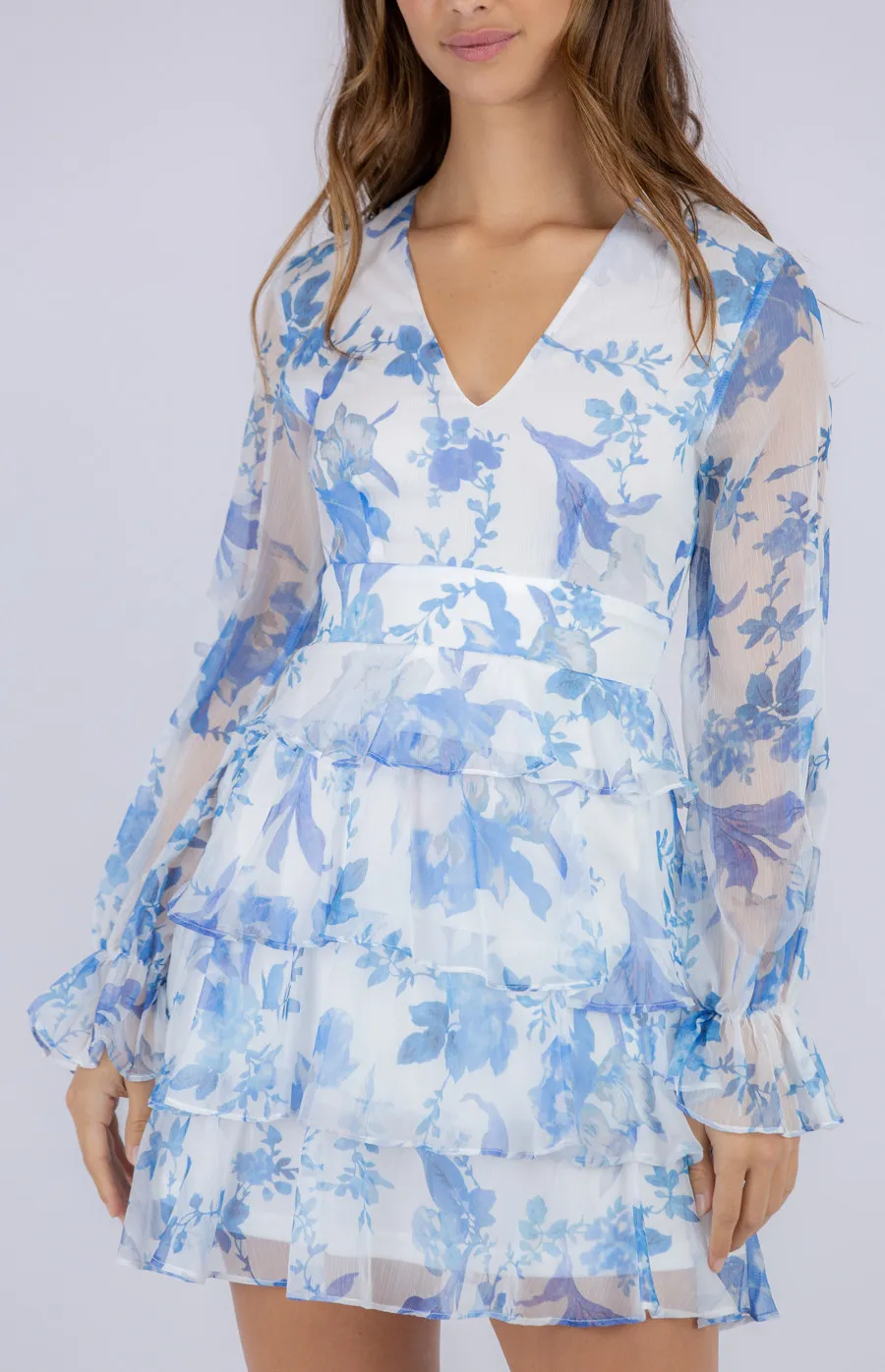 Soft Floral V Neckline Dress with Layered Hem (SDR818A)