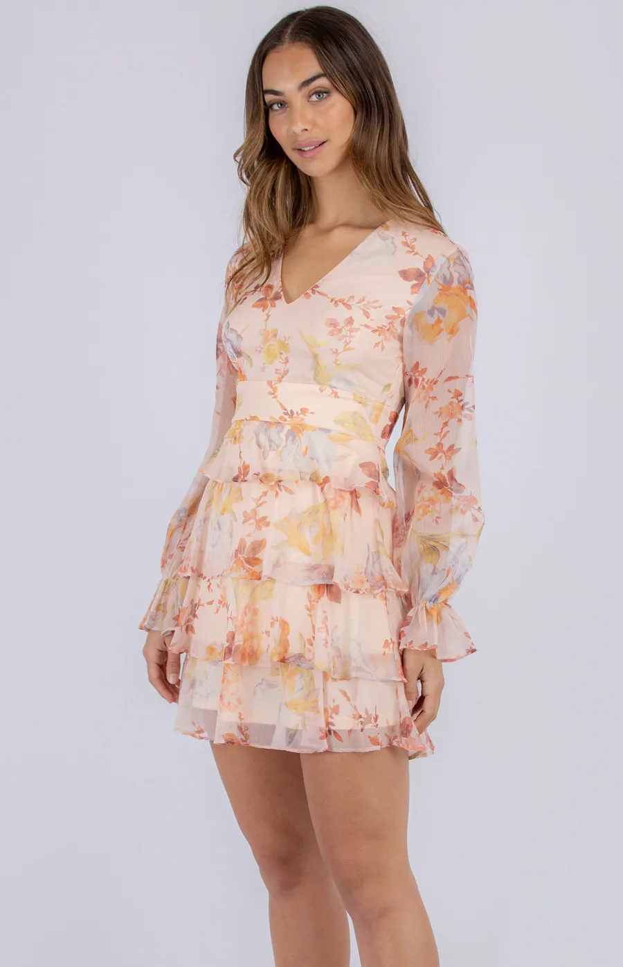 Soft Floral V Neckline Dress with Layered Hem (SDR818A)