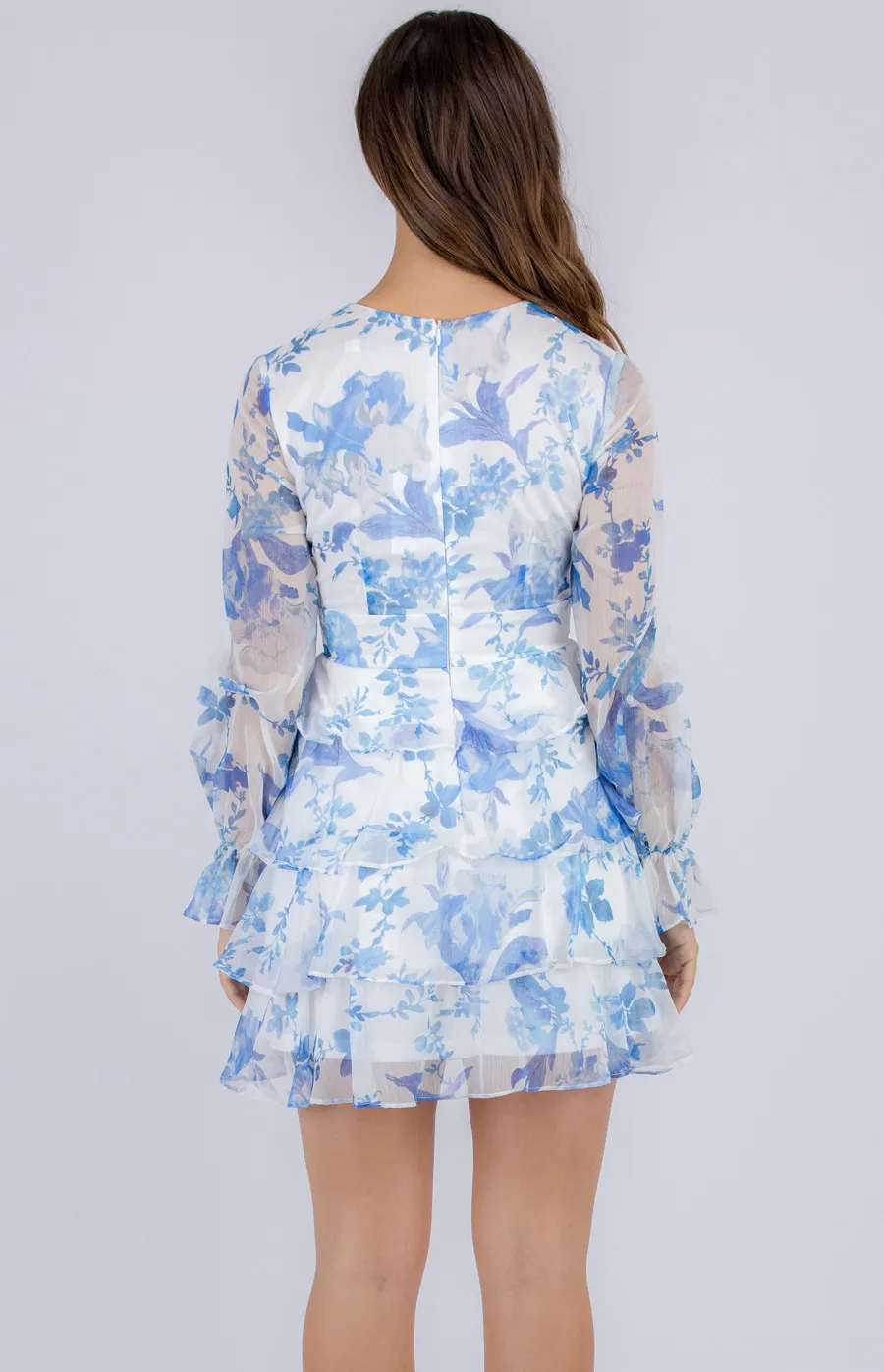 Soft Floral V Neckline Dress with Layered Hem (SDR818A)