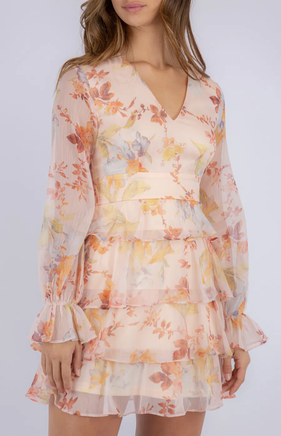 Soft Floral V Neckline Dress with Layered Hem (SDR818A)