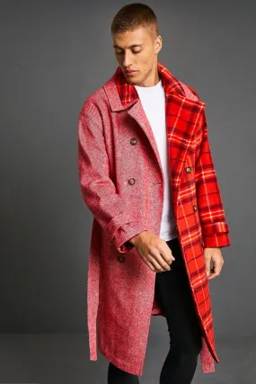 Spliced Check Double Breasted Overcoat | boohooMAN UK