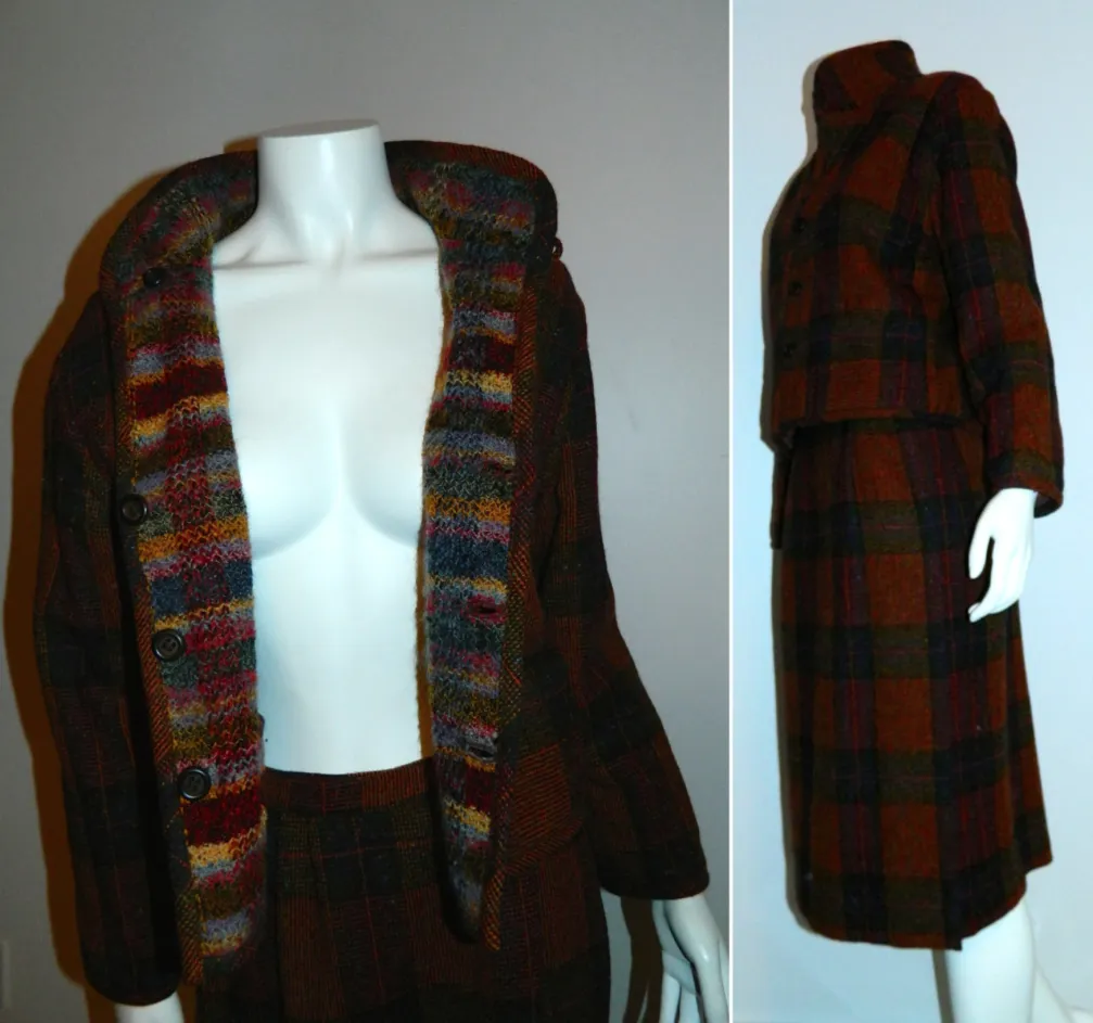 vintage 1980s MISSONI wool plaid suit / striped tweed jacket wrap skirt 42 / US S - M