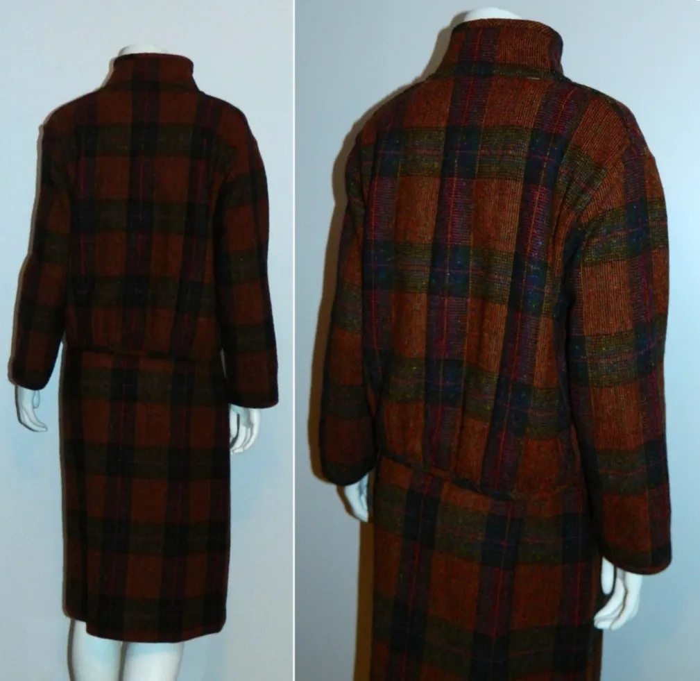 vintage 1980s MISSONI wool plaid suit / striped tweed jacket wrap skirt 42 / US S - M