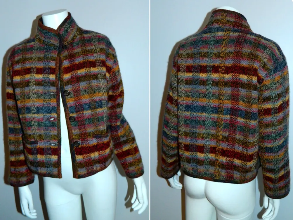 vintage 1980s MISSONI wool plaid suit / striped tweed jacket wrap skirt 42 / US S - M