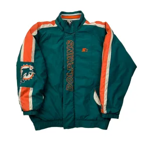 Vintage 90s Blue, Orange + White Starter Miami Dolphins NFL Spell-Out Coat/ Jacket - Medium