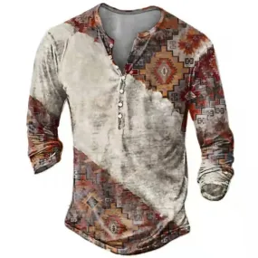 Vintage Men's T-Shirts With Button Ethnic Pattern Print Spring Autumn Loose O-Neck Long Sleeve Oversized T Shirts Male Clothing 