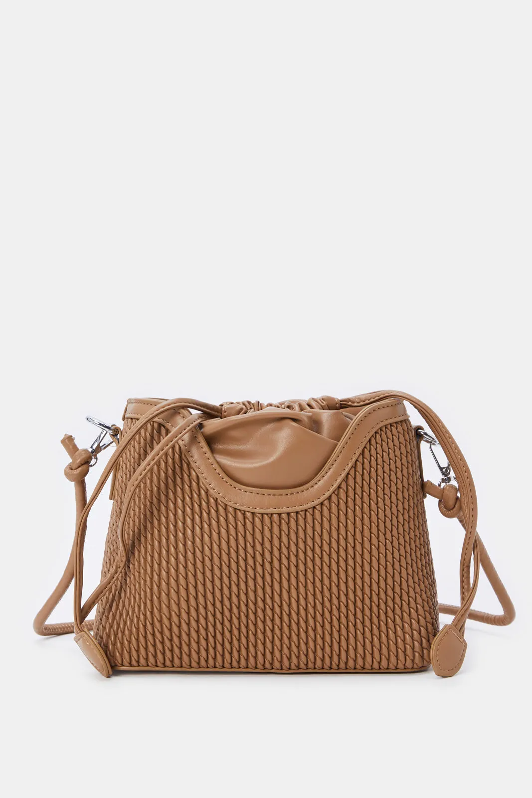 Women Tan Textured Bucket Bag With Draw String