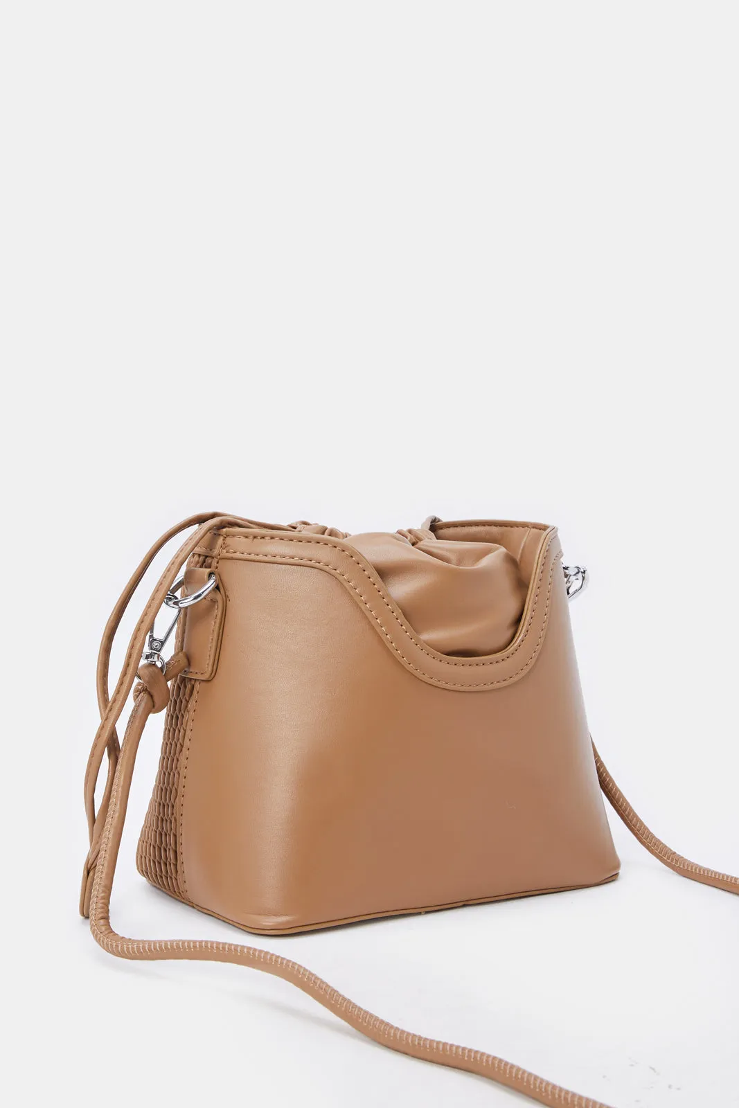 Women Tan Textured Bucket Bag With Draw String