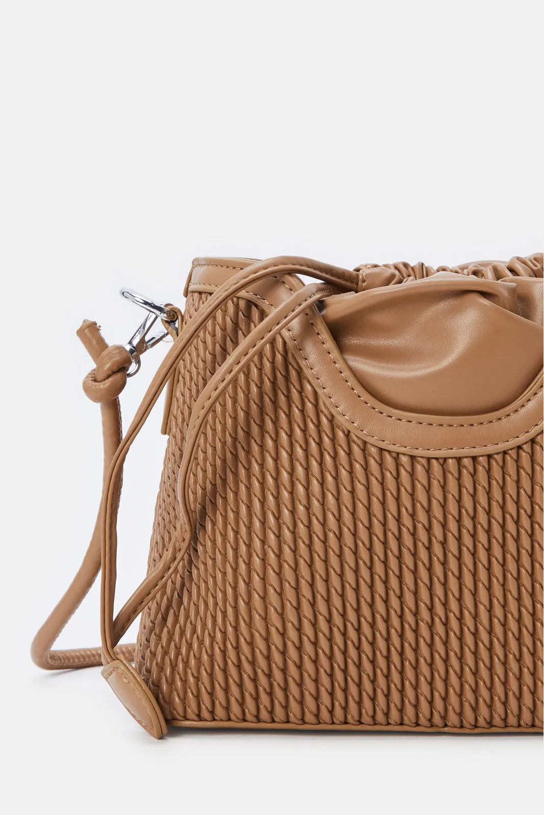 Women Tan Textured Bucket Bag With Draw String