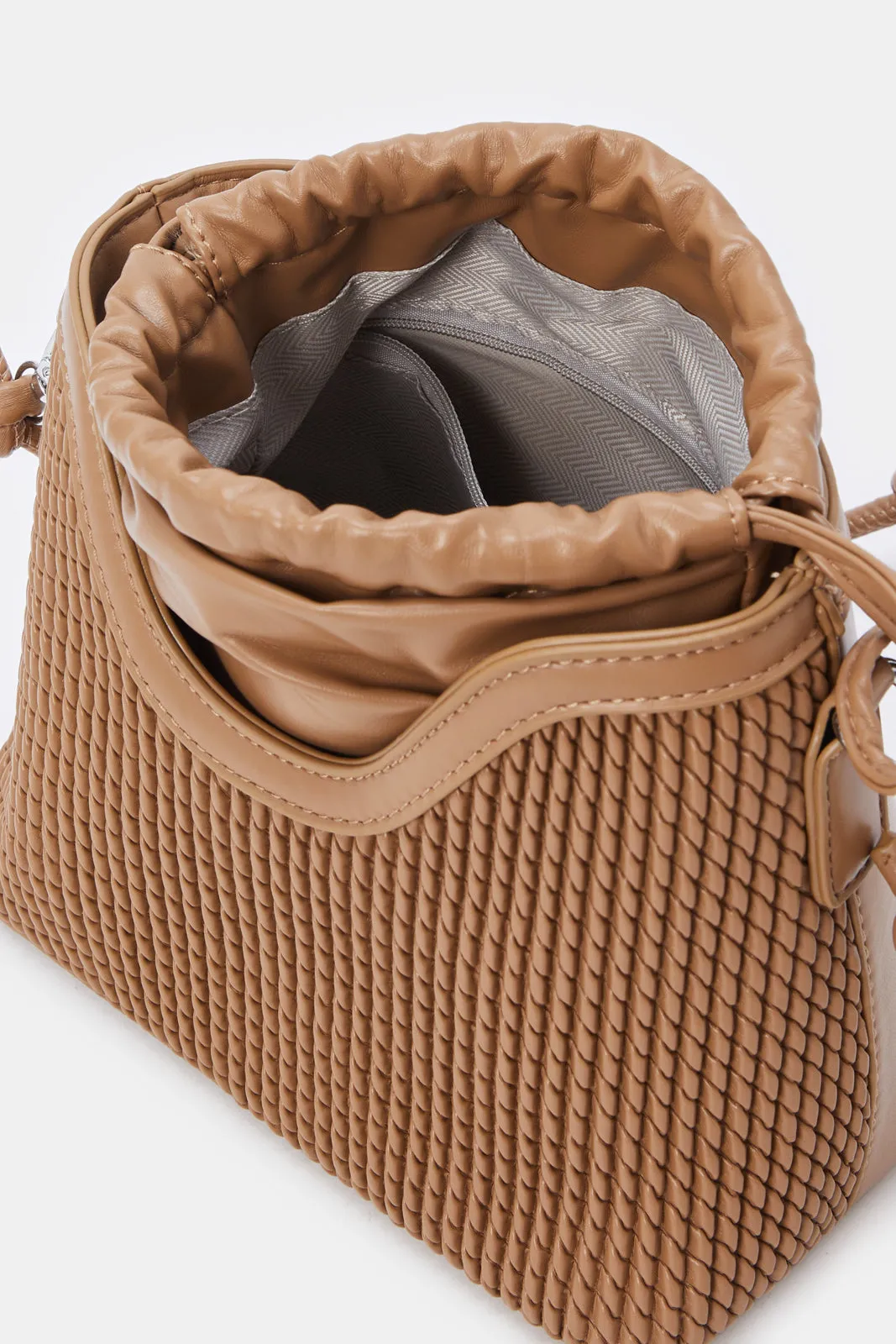 Women Tan Textured Bucket Bag With Draw String