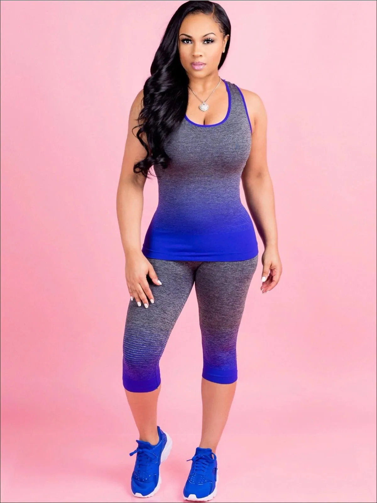 Women's Ombre Sleeveless Workout Top And Capri Legging Set