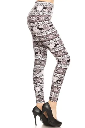 Women's Plus B&W Reindeer Fair Isle Pattern Printed Leggings