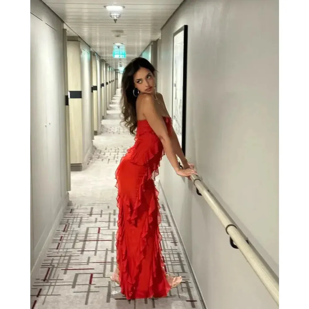 Women's Red Summer Sexy Sleeveless Slit Ruffles Backless Dress