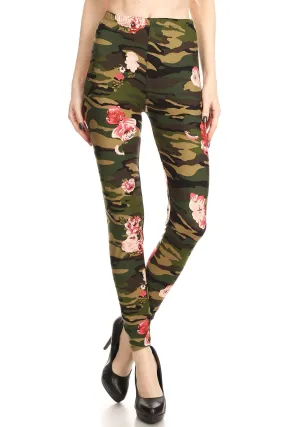 Women's Regular Camouflage Pink Small Rose Pattern Printed Leggings