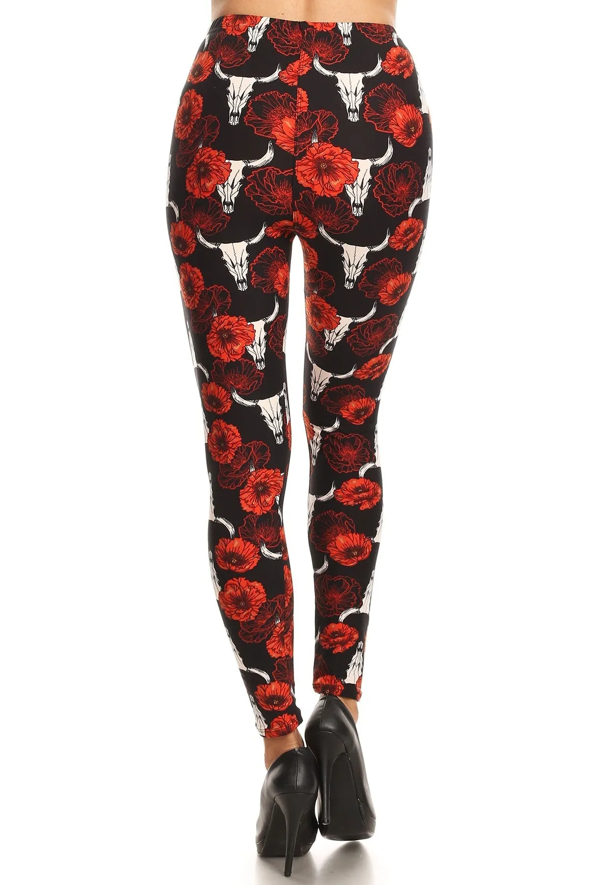 Women's Regular Flower Bull Skull Pattern Printed Leggings