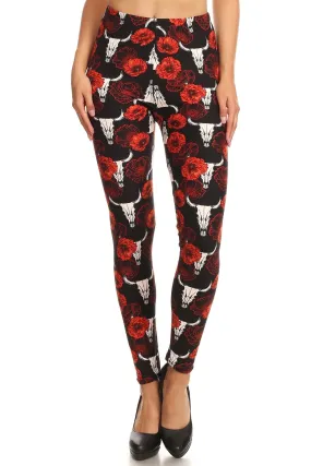 Women's Regular Flower Bull Skull Pattern Printed Leggings