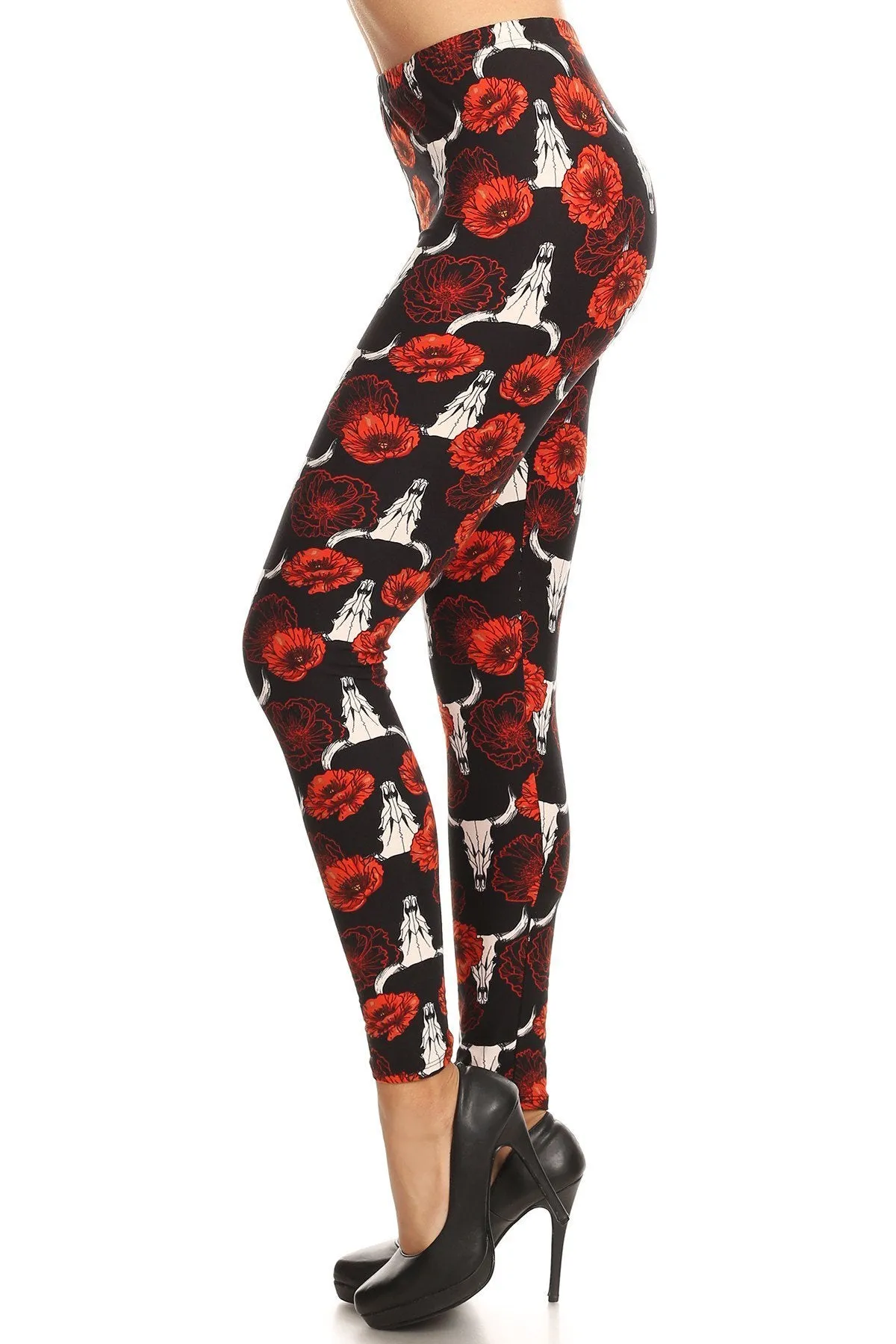 Women's Regular Flower Bull Skull Pattern Printed Leggings