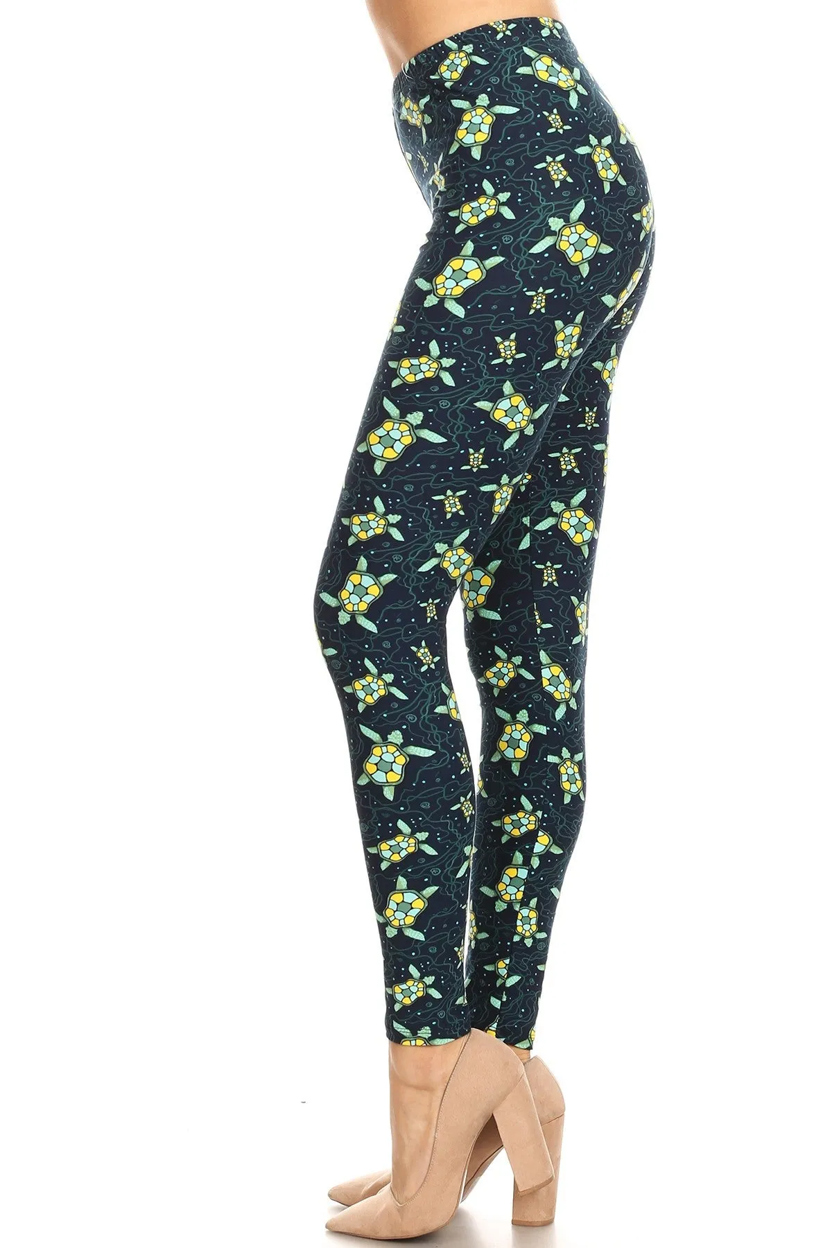 Women's Regular Sea Turtle Starfish Pattern Printed Leggings - One Size / Blue