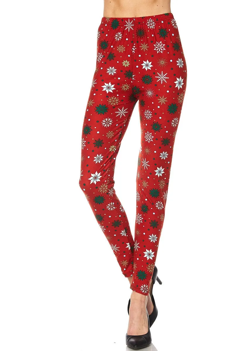 Women's Regular Snowflake Deco Printed Leggings - Red Green White