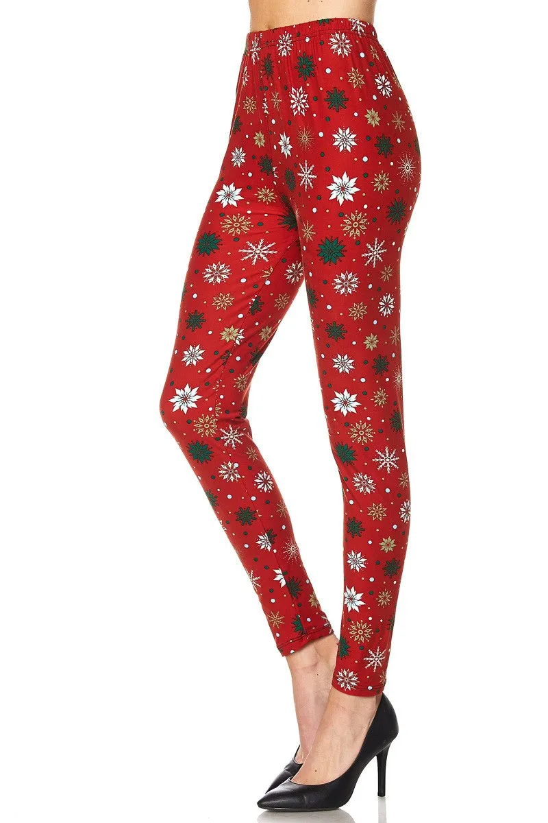 Women's Regular Snowflake Deco Printed Leggings - Red Green White