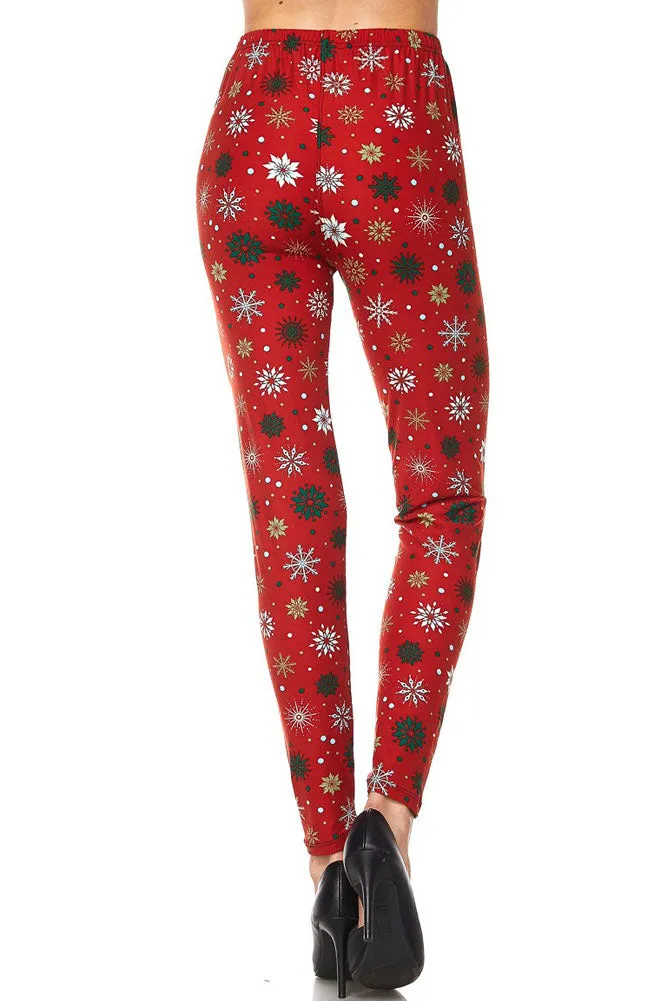 Women's Regular Snowflake Deco Printed Leggings - Red Green White