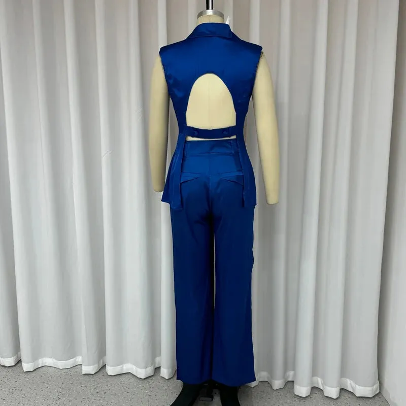 Women's Sets Summer Office Lapel V Neck Sleeveless Backless One Button Solid Vest Top Loose Pants Suit High Streetwear