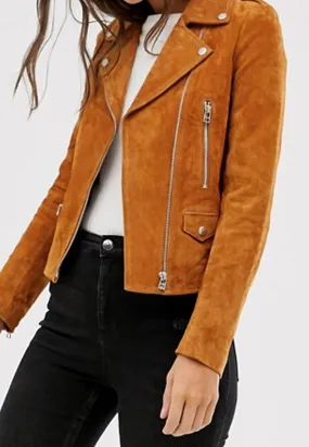 Women’s Tan Brown Suede Leather Biker Jacket