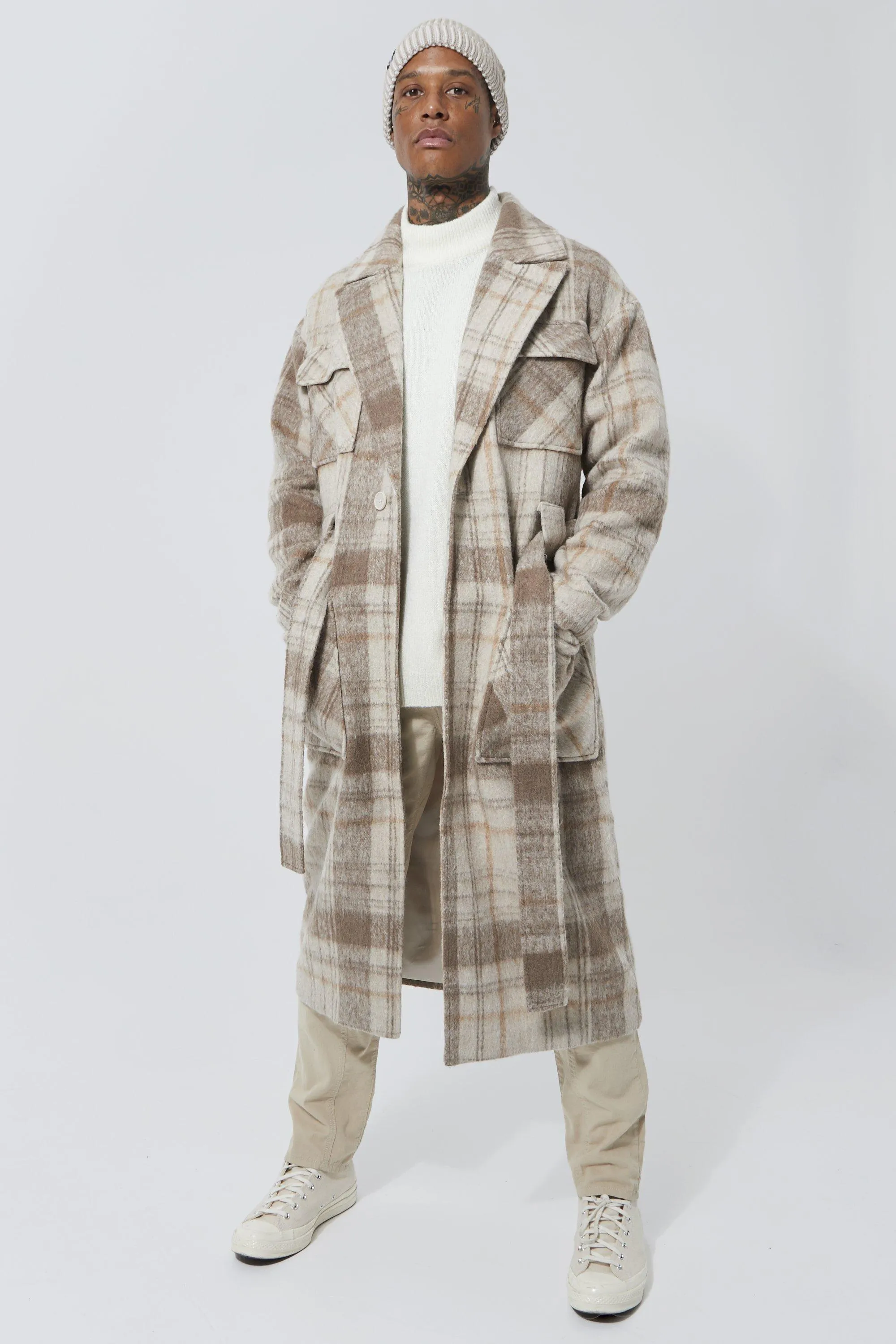 Wool Look Check Pocket Longline Belt Overcoat