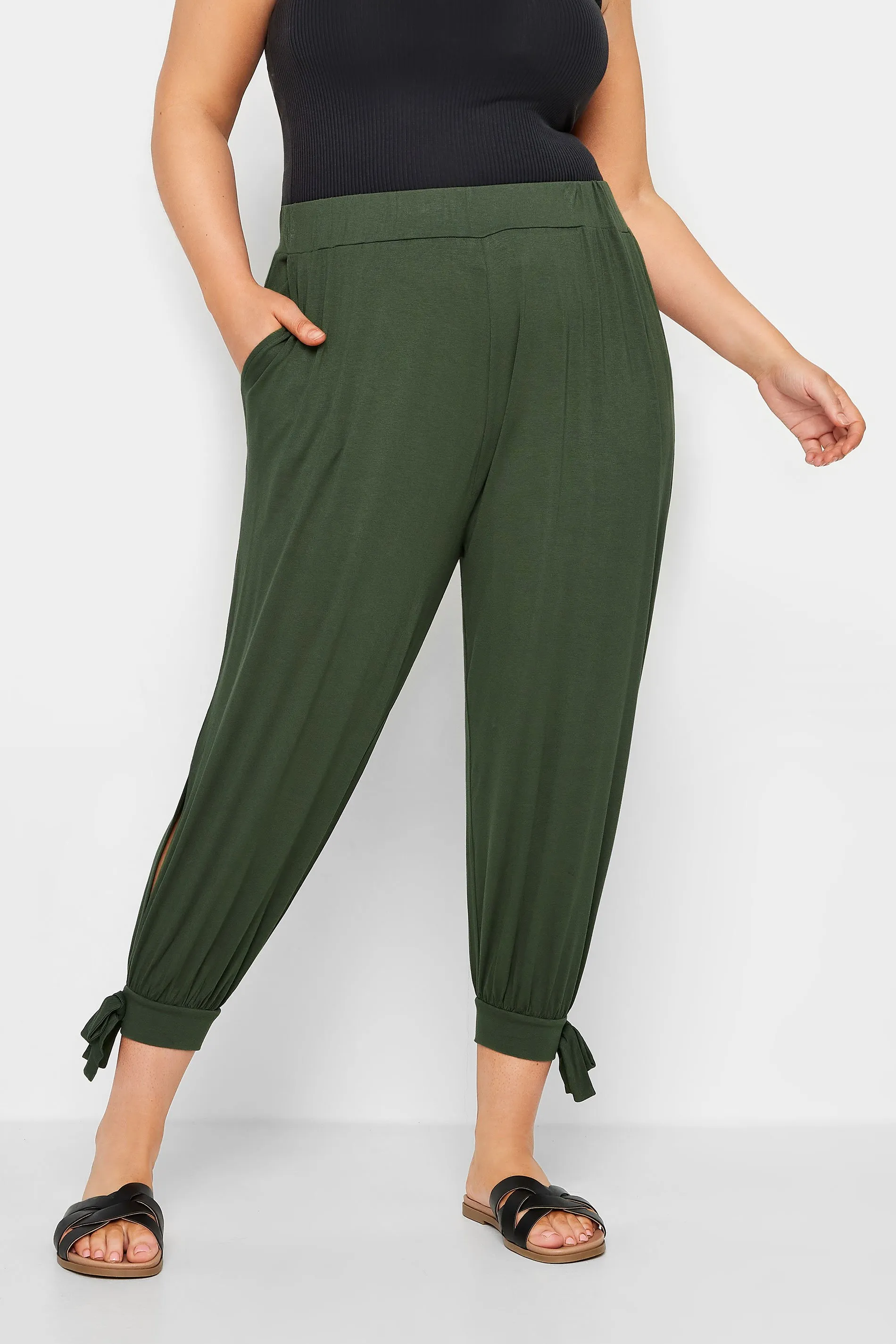 YOURS Curve Khaki Green Cropped Tie Detail Harem Trousers