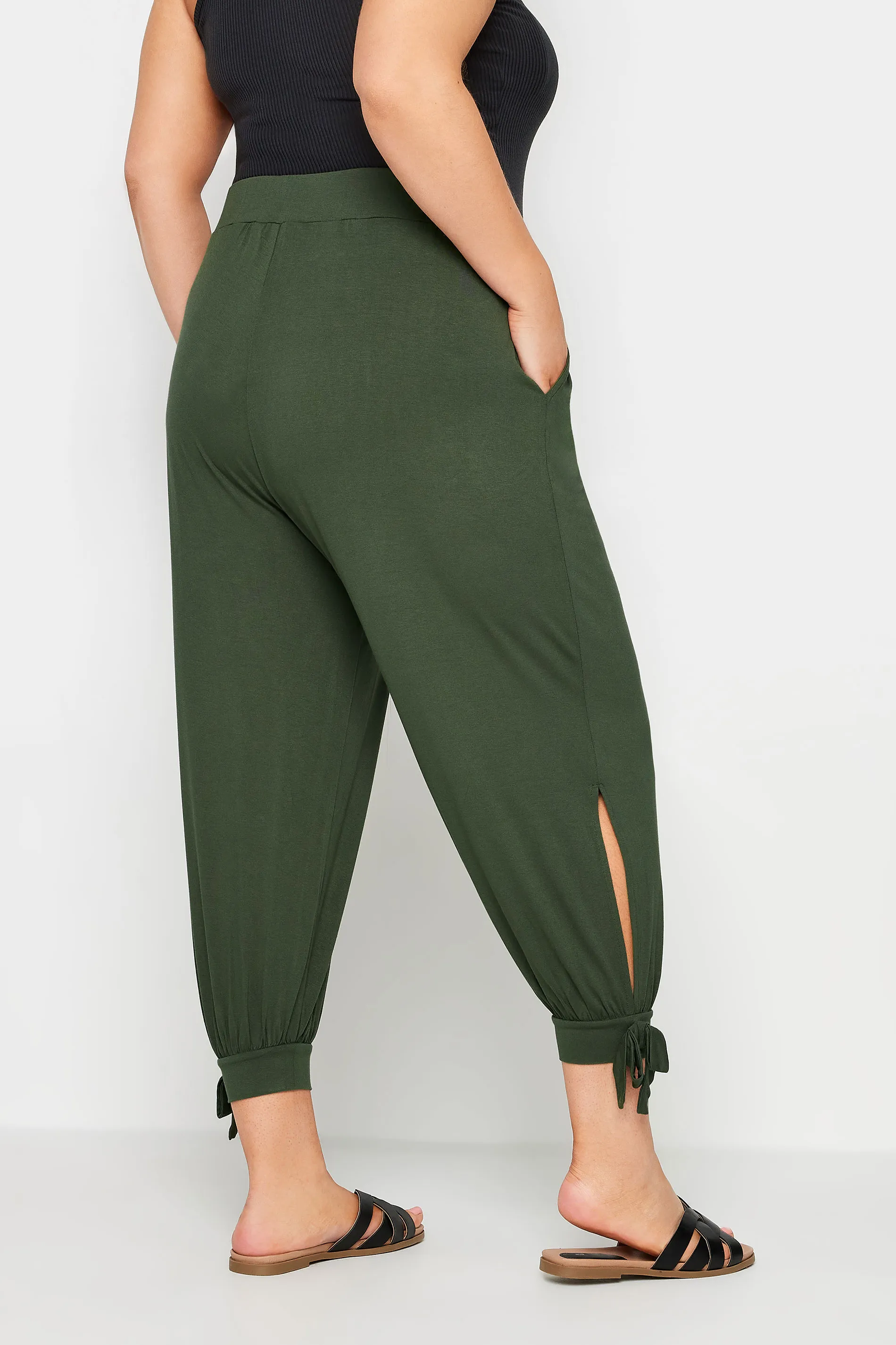 YOURS Curve Khaki Green Cropped Tie Detail Harem Trousers