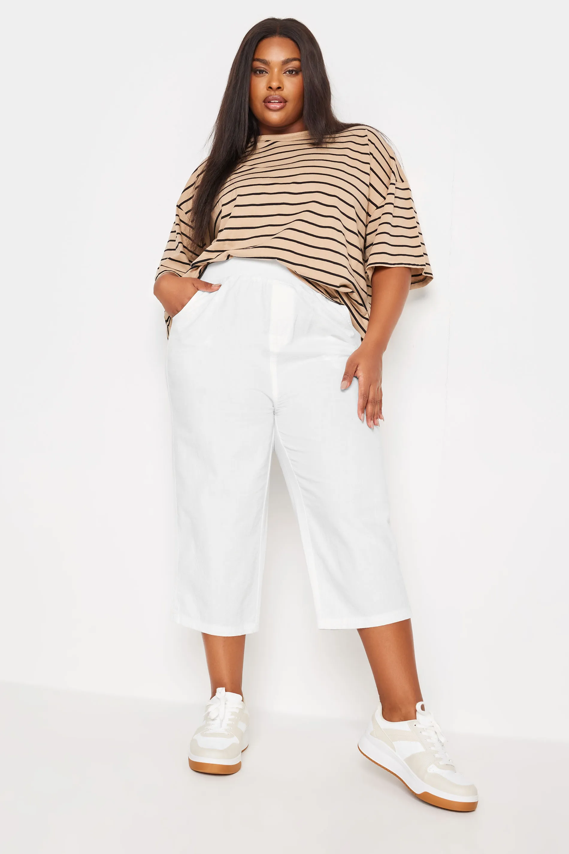 YOURS Curve White Elasticated Cool Cotton Cropped Trousers