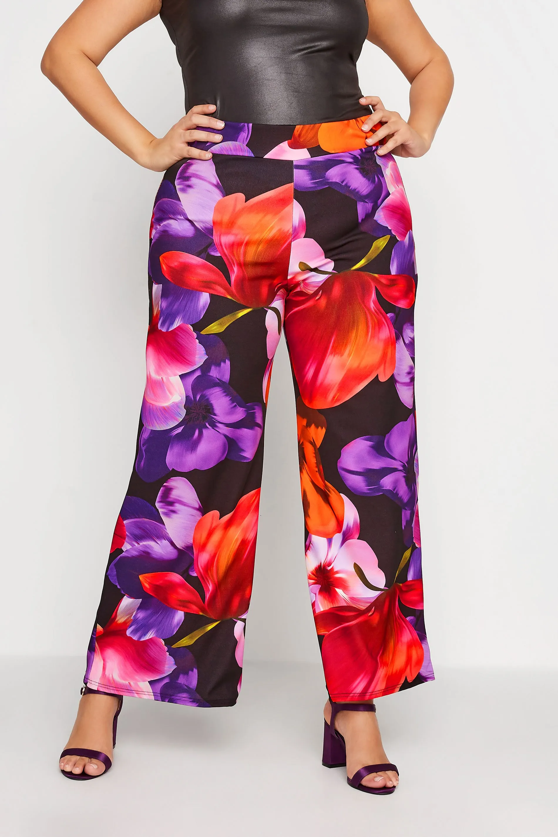 YOURS LONDON Curve Black Floral Stretch Wide Leg Trousers